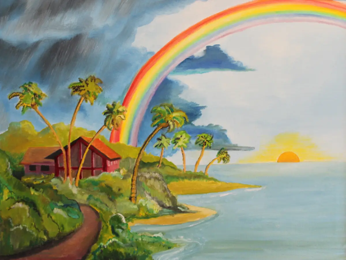 A painted tropical scene shows a red house on a green hillside with palm trees, a large rainbow arching over the landscape…