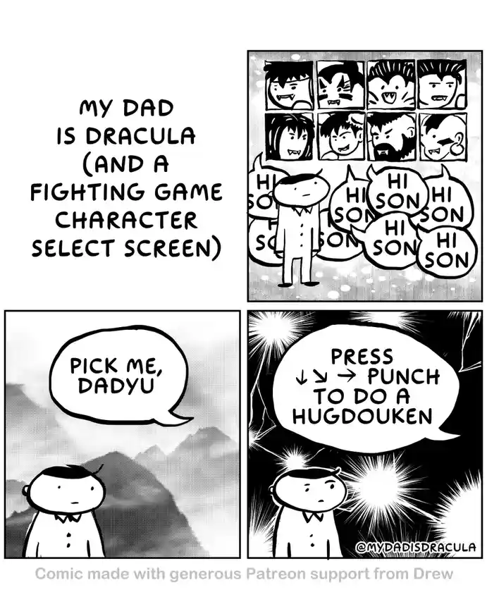 A four-panel comic where a child's dad is humorously depicted as Dracula, with a fighting game character select screen…