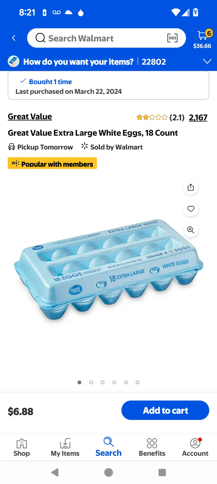 A screenshot of a Walmart mobile app product page for 'Great Value Extra Large White Eggs, 18 Count' showing a low 2.1-star…