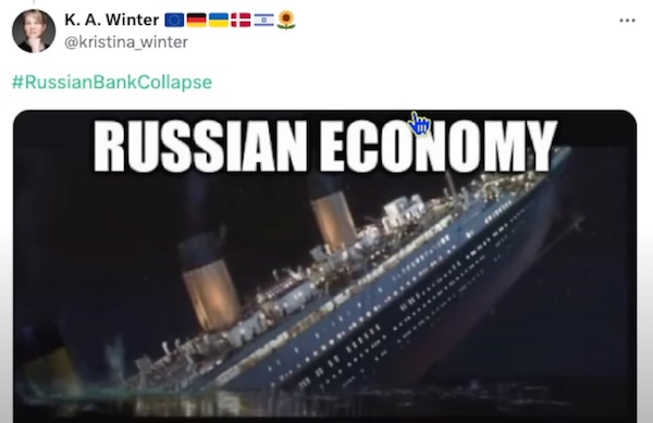 A screenshot of a tweet by K. A. Winter showing a photo of the Titanic sinking at night with the text 'RUSSIAN ECONOMY'…