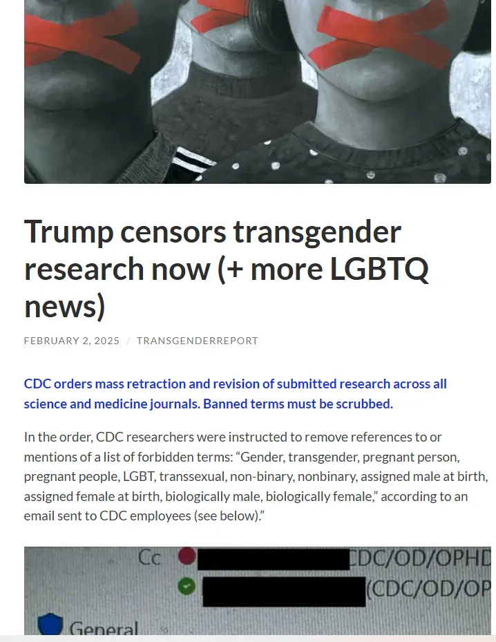 A screenshot of a news article titled 'Trump censors transgender research now (+ more LGBTQ news)' dated February 2, 2025…