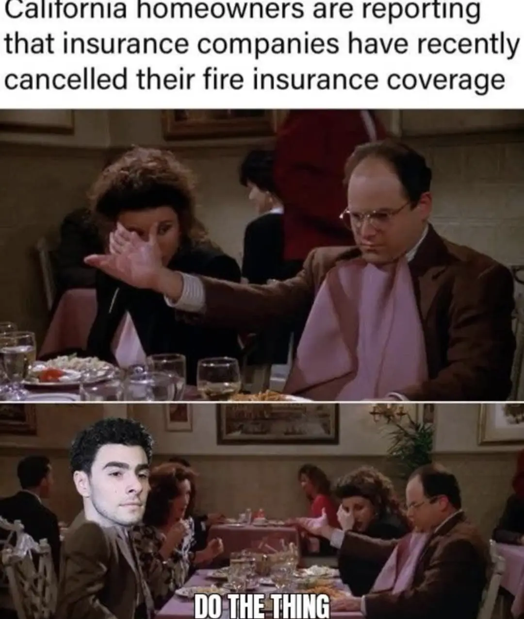 The meme features two panels from the TV show 'Seinfeld'. In the top panel, George Costanza (in a brown suit and pink scarf)…