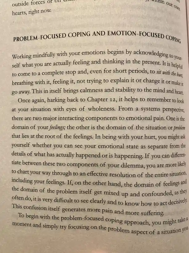 A close-up photo of a printed book page discussing 'Problem-Focused Coping and Emotion-Focused Coping,' with the phrase 'sit…