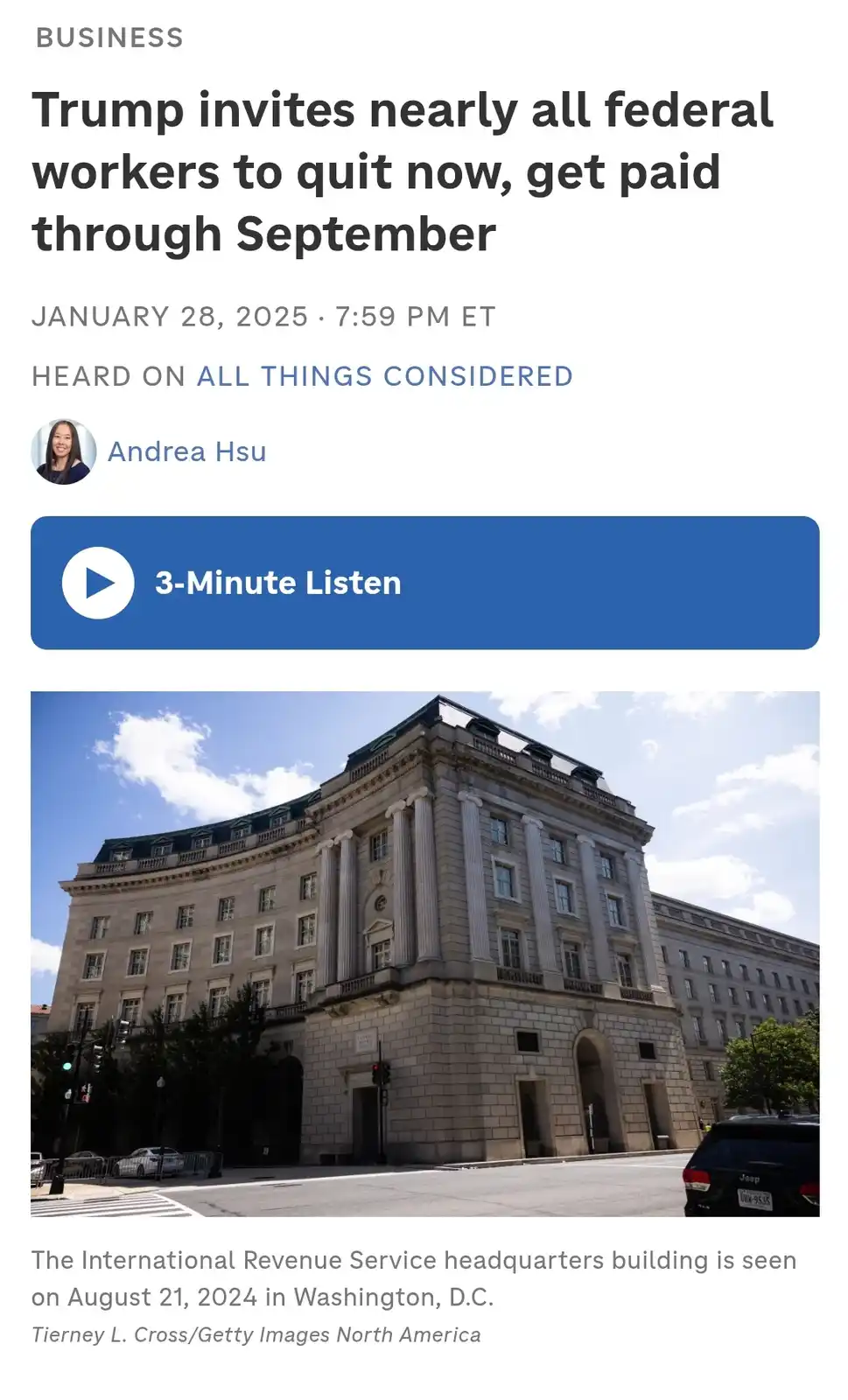 A screenshot of a news article from NPR's 'All Things Considered' dated January 28, 2025, with a headline about Trump…