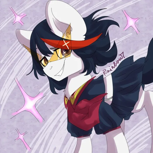 An anime-style pony with dark hair, white face, and a red headband is shown in a dynamic pose with pink sparkles around her…