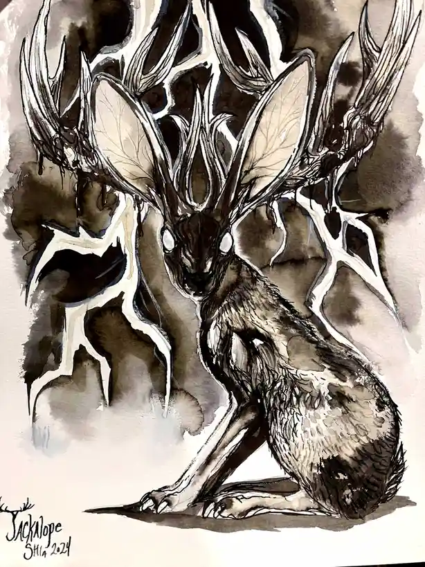 A watercolor and ink illustration depicts a menacing, anthropomorphic jackalope with large, intricate antlers, glowing white…