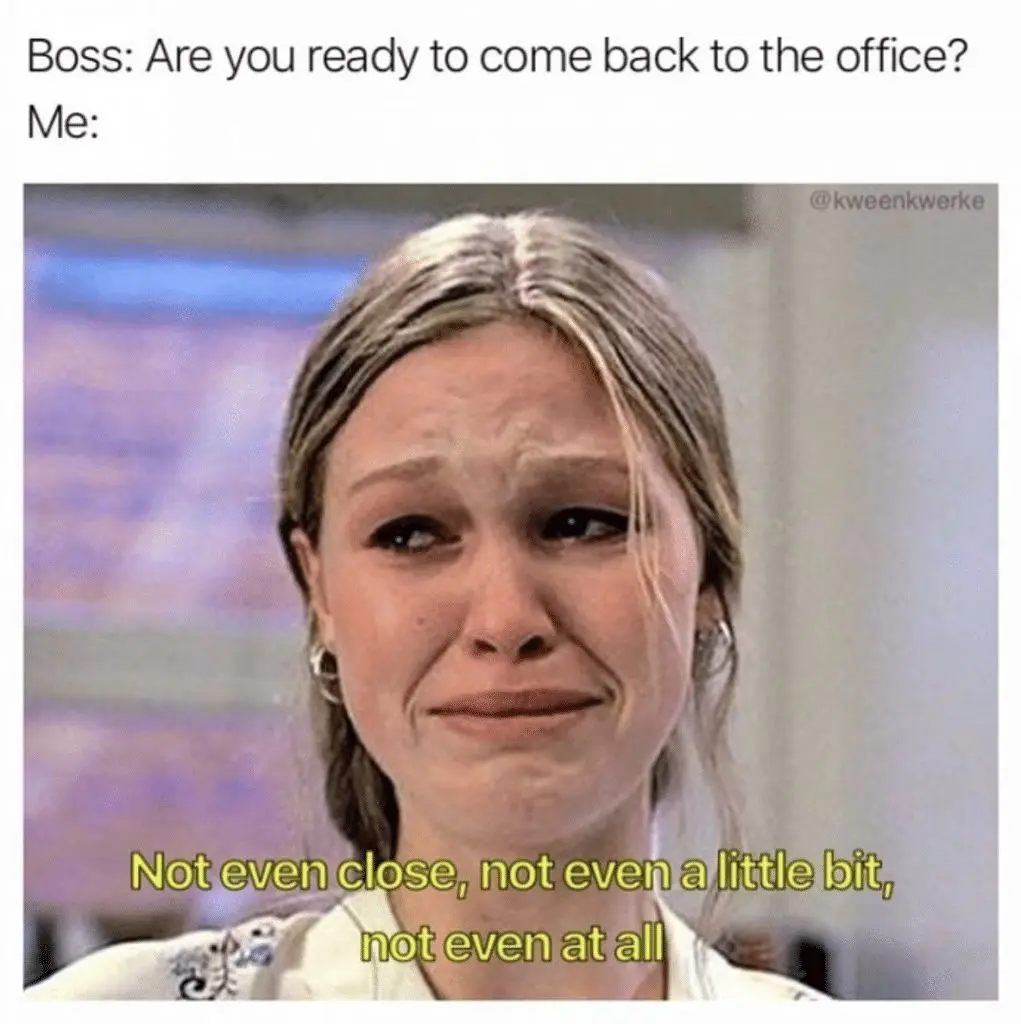 A woman with a distressed, tearful expression is shown in a close-up. Text above her reads 'Boss: Are you ready to come back…