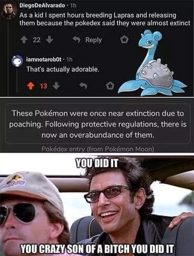 The image shows a screenshot of a Reddit thread where a user recounts spending hours breeding Lapras in Pokémon games…