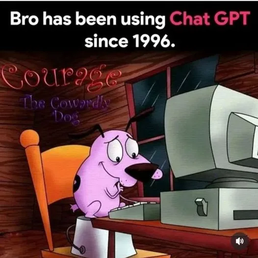 A cartoon image of Courage the Cowardly Dog sitting at a desk with an old, bulky computer from the 1990s. He is smiling and…