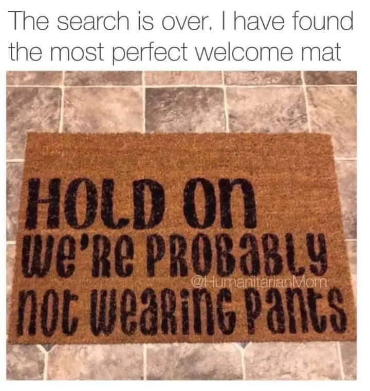 A brown doormat on a tiled floor reads 'HOLD ON WE'RE PROBABLY NOT WEARING PANTS' in bold black letters. Above the image…