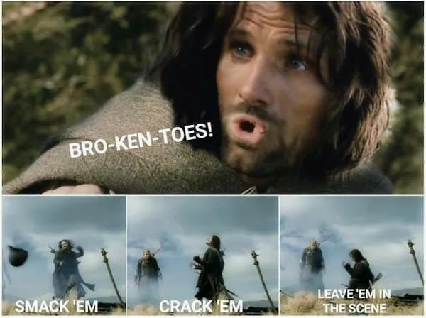 The image features a top panel of a man with a shocked expression, overlaid with the text 'BRO-KEN-TOES!'. Below are three…
