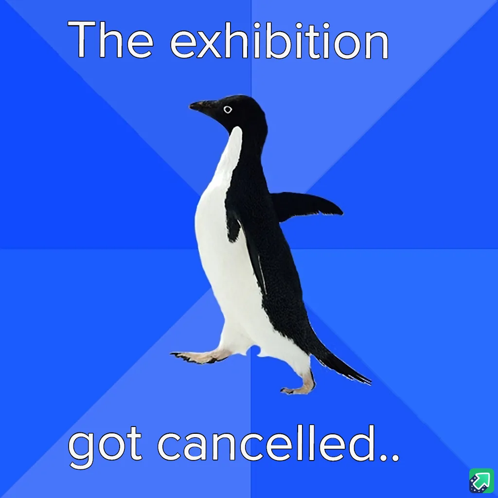 A black-and-white penguin stands against a blue background with diagonal stripes, looking slightly to the side. The text at…