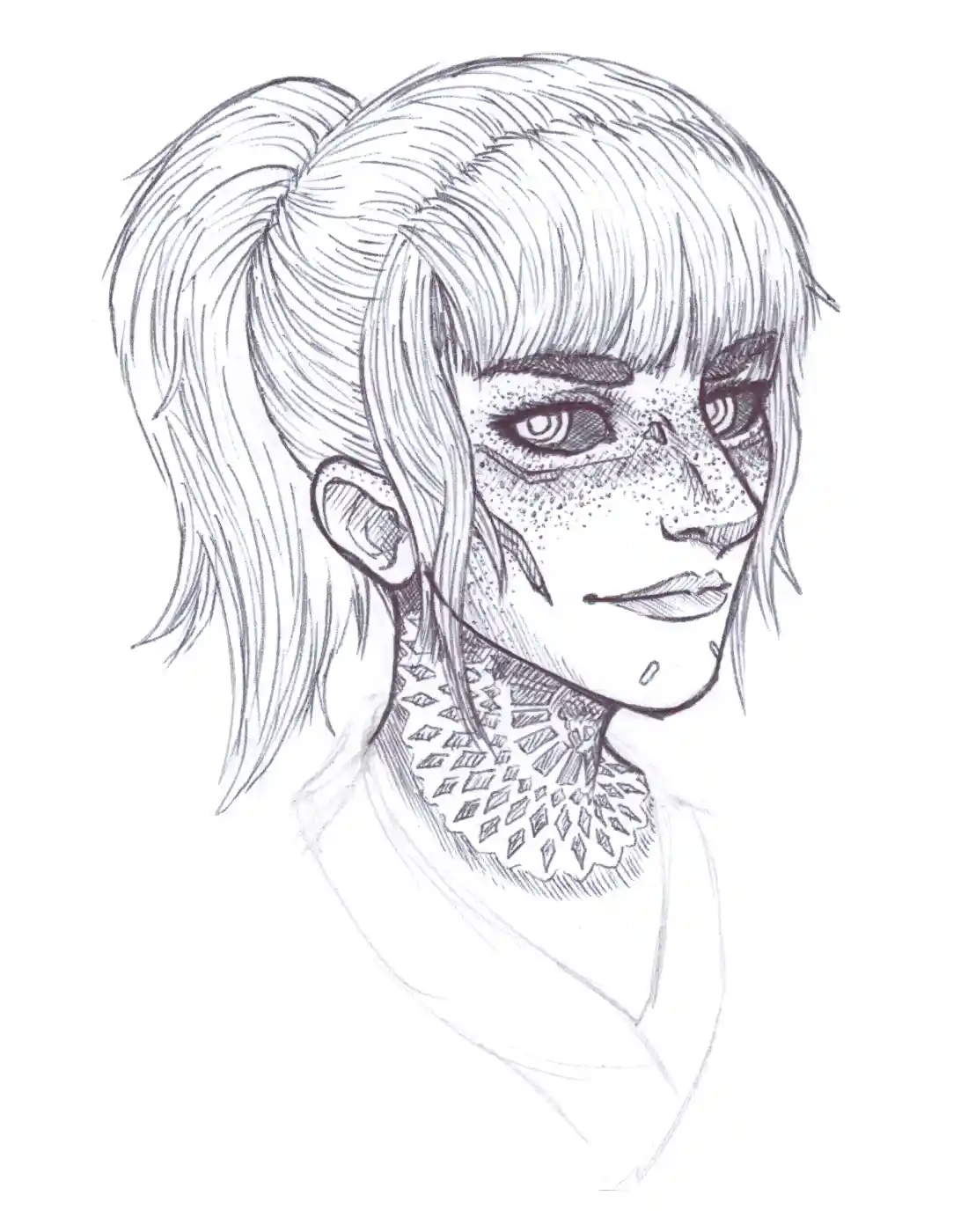 A black-and-white pencil sketch of a person with short bangs and hair in a high ponytail, featuring extensive tattoos…