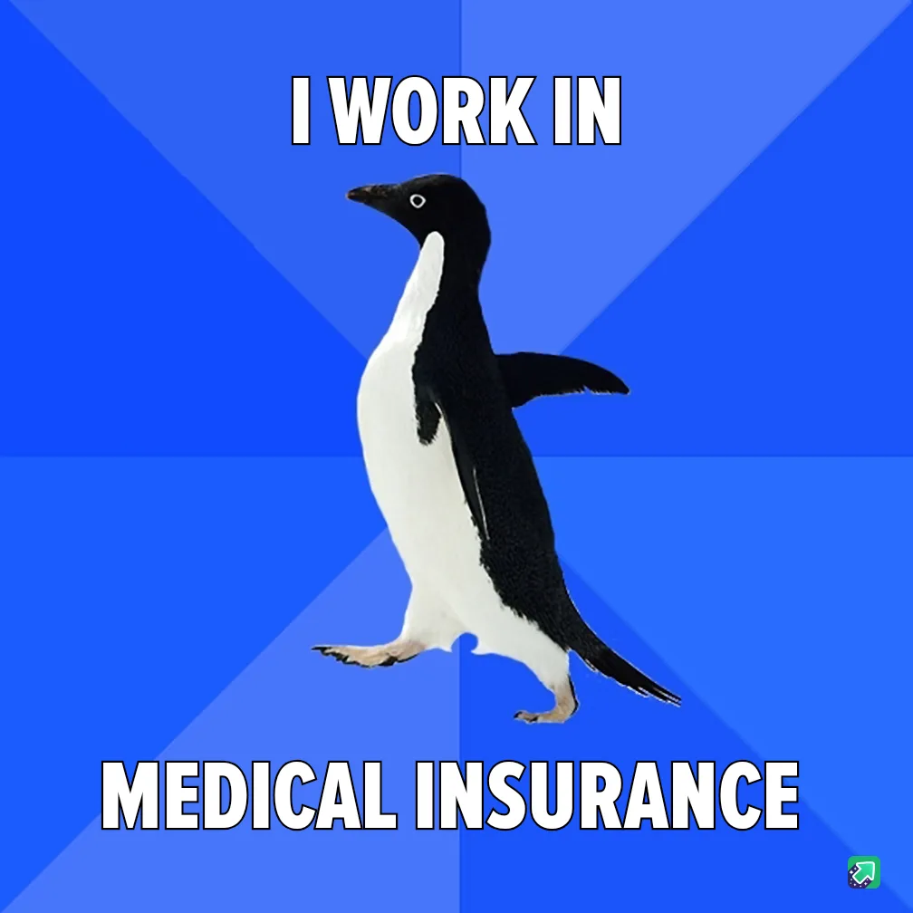 A black-and-white penguin walks confidently against a blue geometric background. The text "I WORK IN" appears above the…