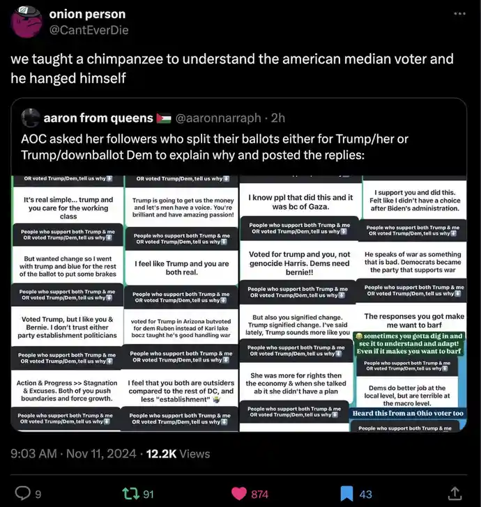 A screenshot of a Twitter thread by 'aaron from queens' showing a grid of replies from users explaining why they split their…