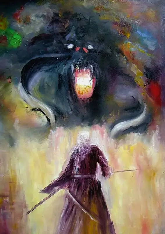 A painterly image shows a small, robed figure holding a staff, facing a massive, roaring, shadowy monster with glowing eyes…