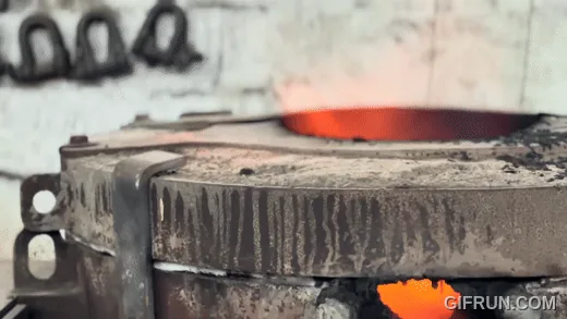 A sequence of images shows molten metal being poured from a large ladle into a mold in an industrial foundry. Workers in…
