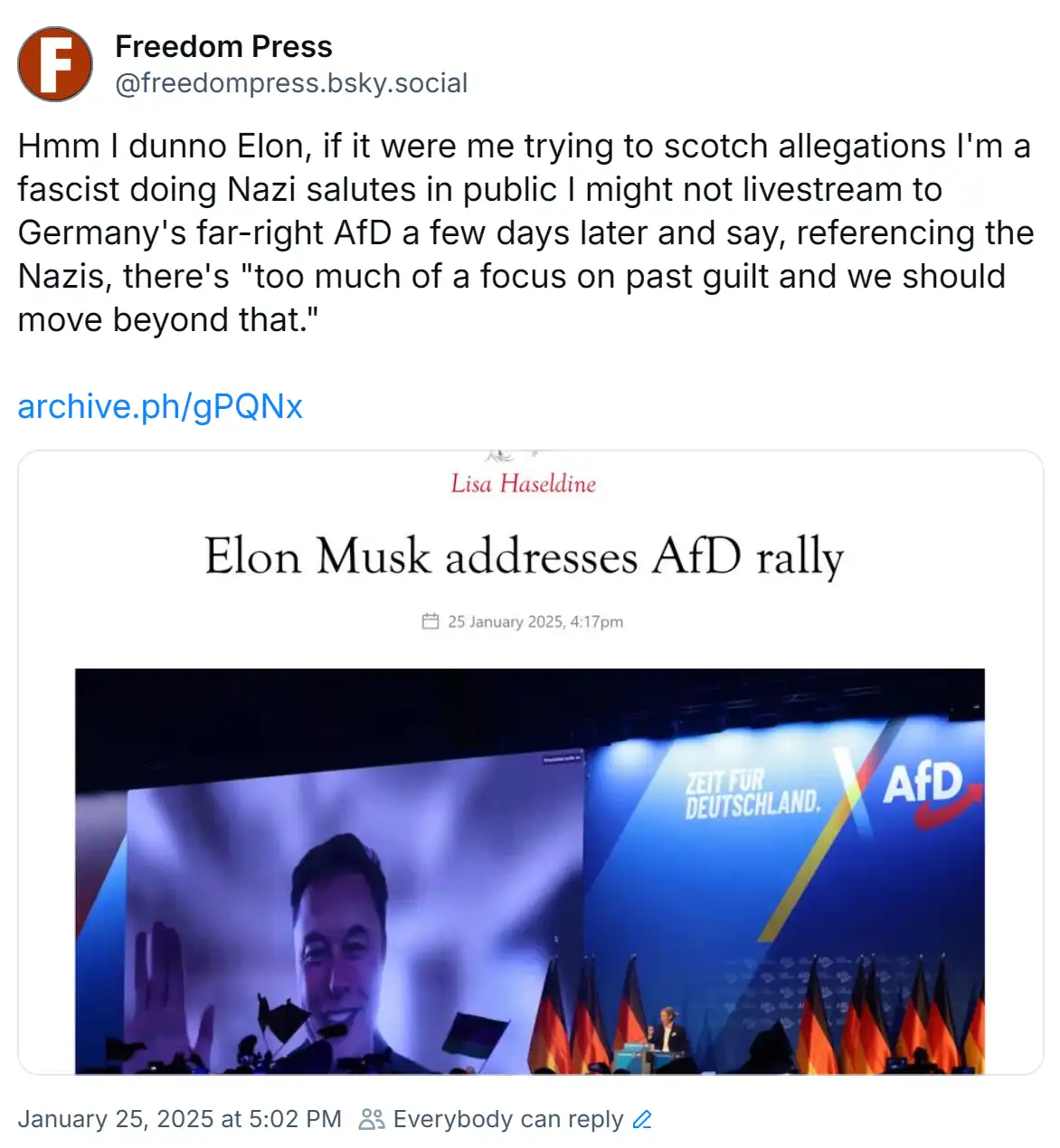 A screenshot of a news article headline 'Elon Musk addresses AfD rally' shows a large screen displaying Elon Musk smiling…