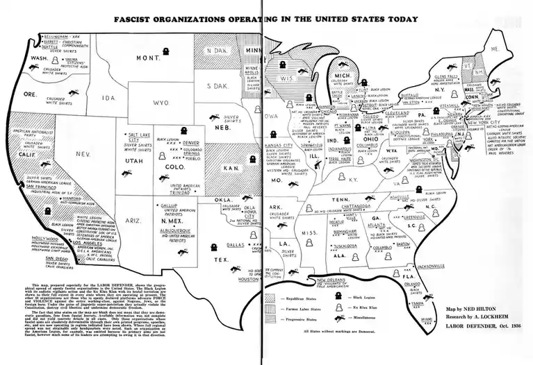 A black-and-white 1936 map of the United States showing the locations of fascist organizations like the Ku Klux Klan and…