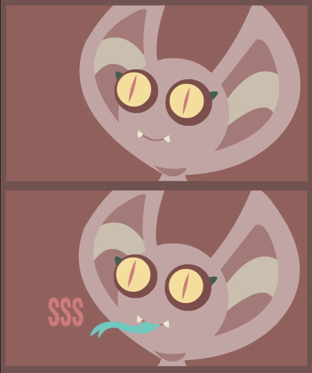 The image shows a two-panel meme featuring a cartoon bat with large yellow eyes and small fangs. In the top panel, the bat…