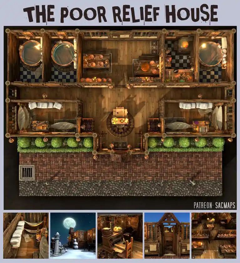 An overhead view of a rustic, wooden two-story building labeled 'THE POOR RELIEF HOUSE,' featuring multiple rooms with beds…