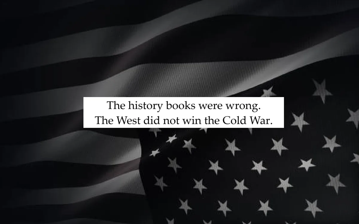 A grayscale image of a waving American flag with a white text box centered over it. The text reads 'The history books were…