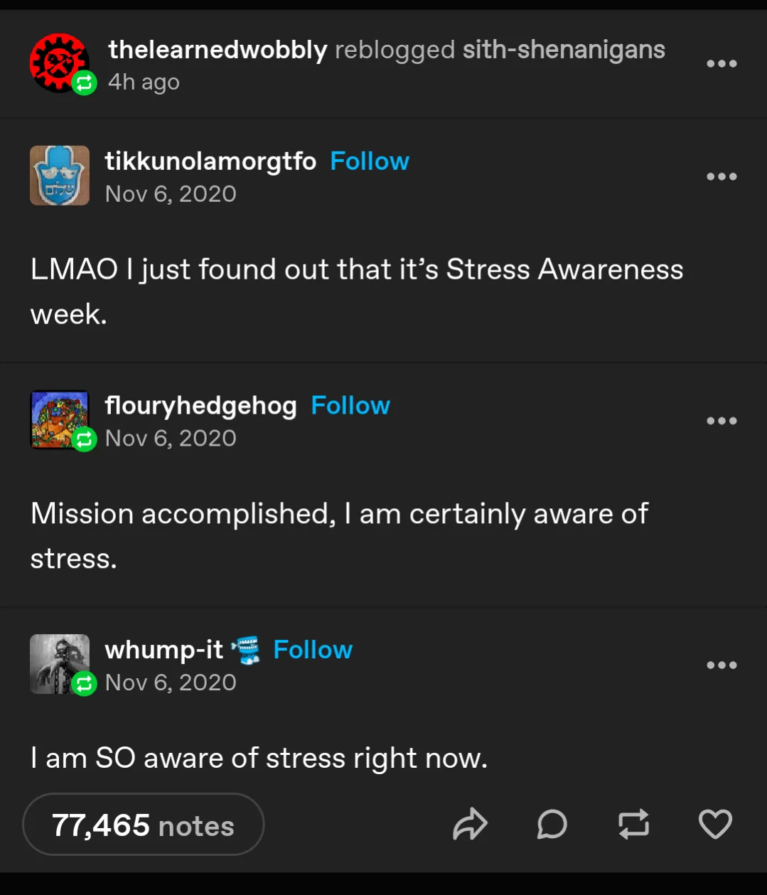 A screenshot of a Tumblr thread showing three users commenting on 'Stress Awareness Week.' The first user laughs and says…