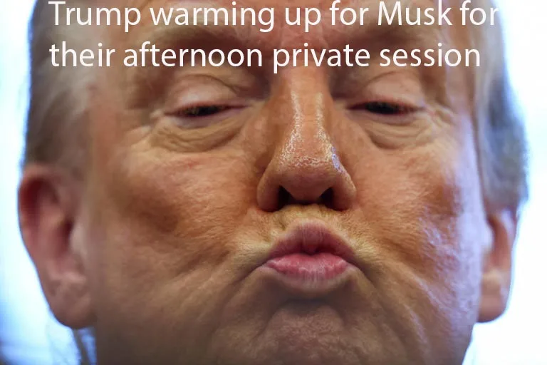 A close-up photo of Donald Trump with his eyes half-closed and lips puckered as if blowing a kiss or preparing for…