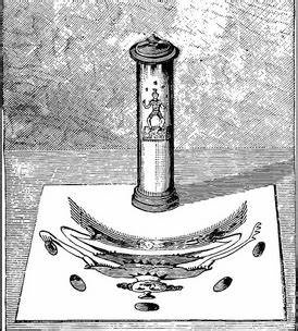 A vintage black-and-white illustration shows a tall, cylindrical glass tube with a man depicted inside, standing on a…