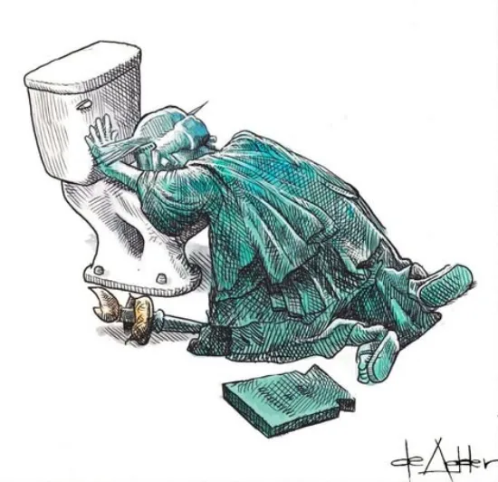 A sketch depicts a person in a teal dress kneeling and hugging a toilet tank, with a wrench and a book lying on the floor…
