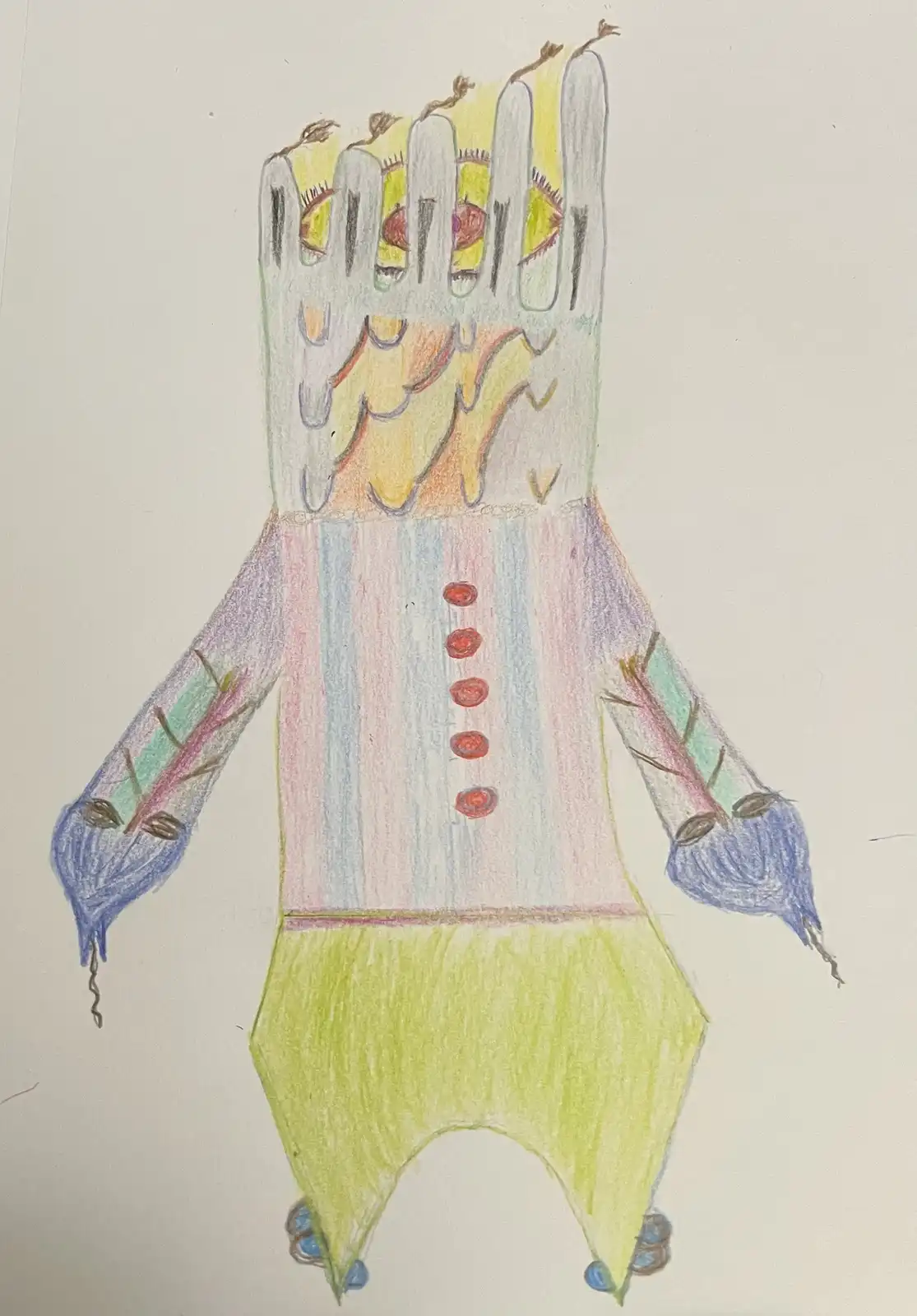 A child's crayon drawing depicts a tall, humanoid monster with a head shaped like a hand, each finger having an eye. The…