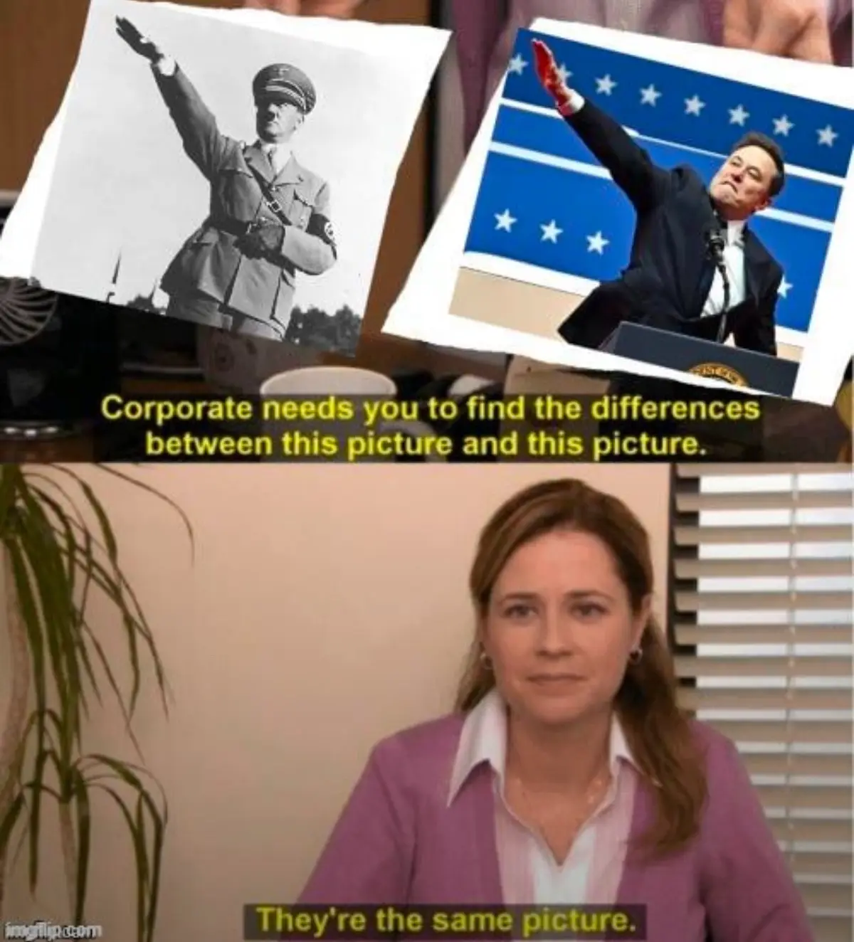 The image displays two side-by-side photos: one of Adolf Hitler in a black-and-white historical photo raising his right arm…
