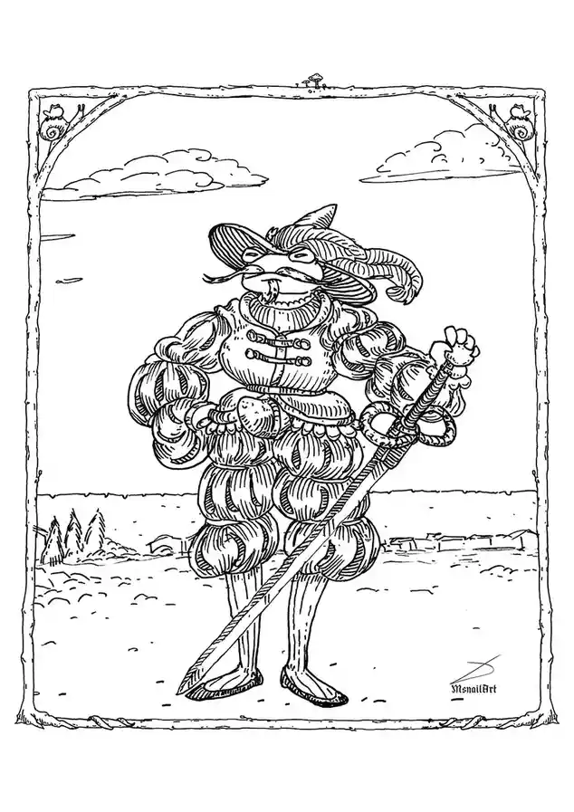 A black-and-white line drawing depicts a snail wearing ornate, puffy Renaissance-era armor and a feathered hat, holding a…