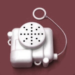 A white, retro-style portable speaker with a circular grille and a looped cord, set against a solid maroon background. The…