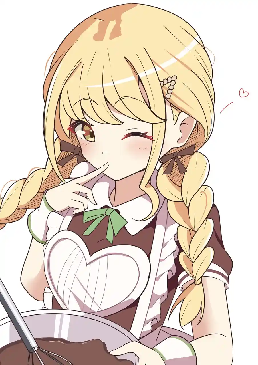 An anime-style illustration of a blonde-haired girl with braided pigtails and a maid outfit, winking and holding her finger…