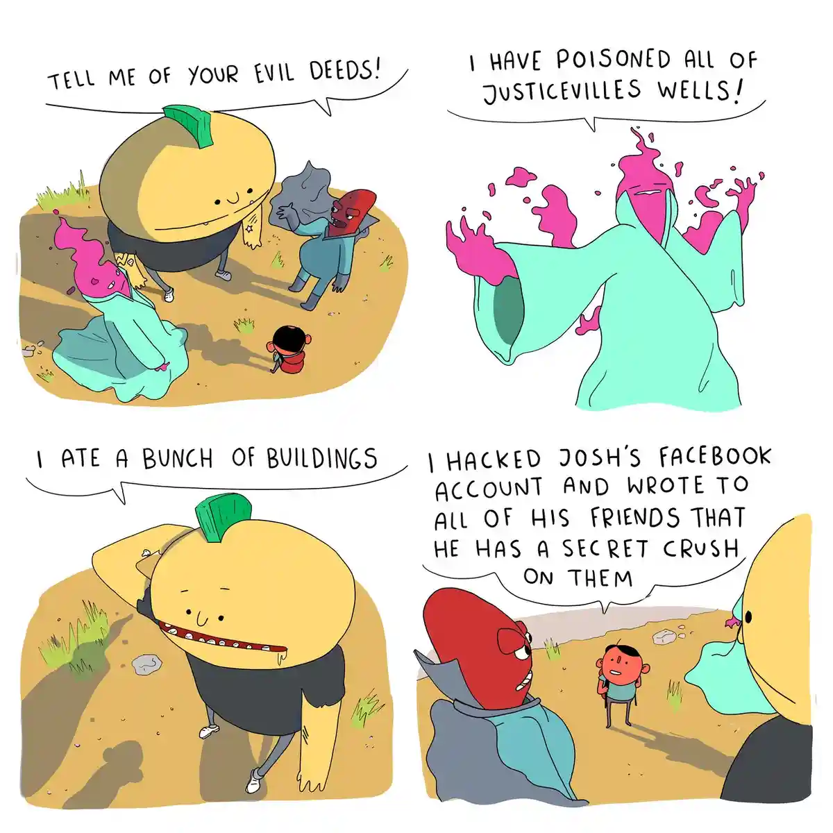 A four-panel comic strip featuring cartoon characters: a large yellow pumpkin-headed figure, a red-skinned villain in a…