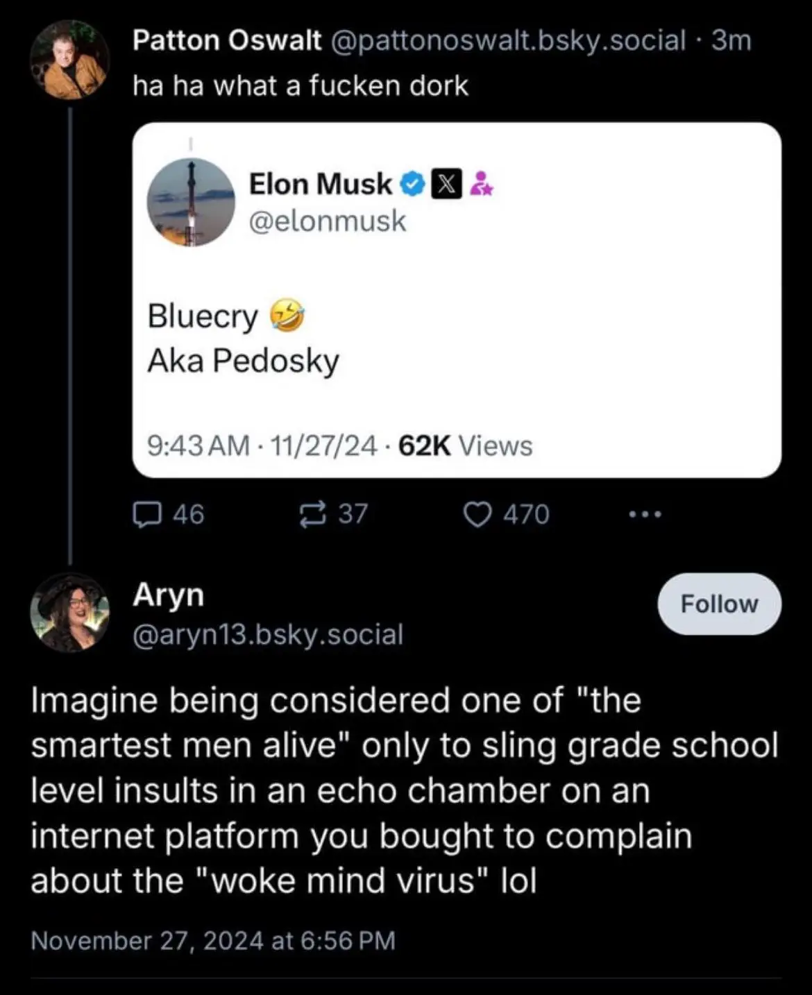 A screenshot of a social media post by Elon Musk, who has posted 'Bluecry 😂 Aka Pedosky'. Below it, user Patton Oswalt…