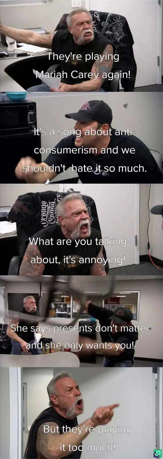 A five-panel meme featuring two men in an office setting. The first man, with a white beard and tattoos, reacts with outrage…