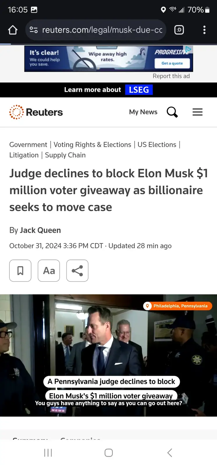 A screenshot of a Reuters news article about a judge declining to block Elon Musk's $1 million voter giveaway. The image…