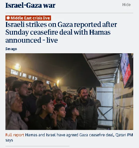 A screenshot of a news article about the Israel-Gaza war, showing a headline about strikes after a ceasefire deal, with an…