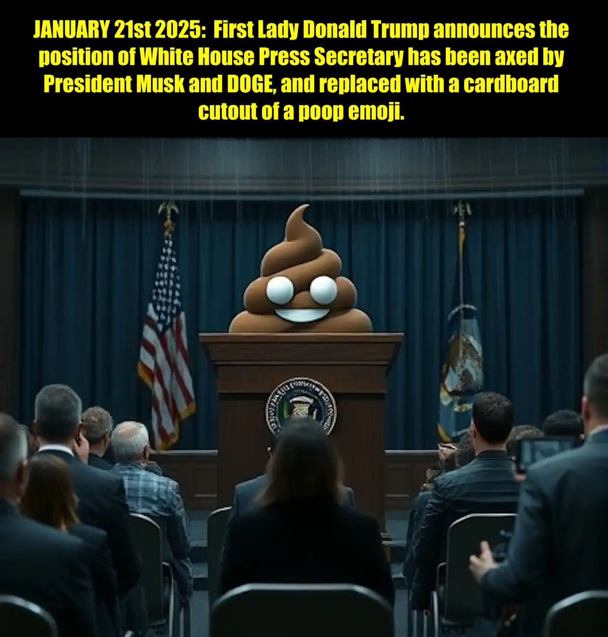 A digitally altered image shows a smiling poop emoji cutout standing at a presidential podium in a formal press briefing…