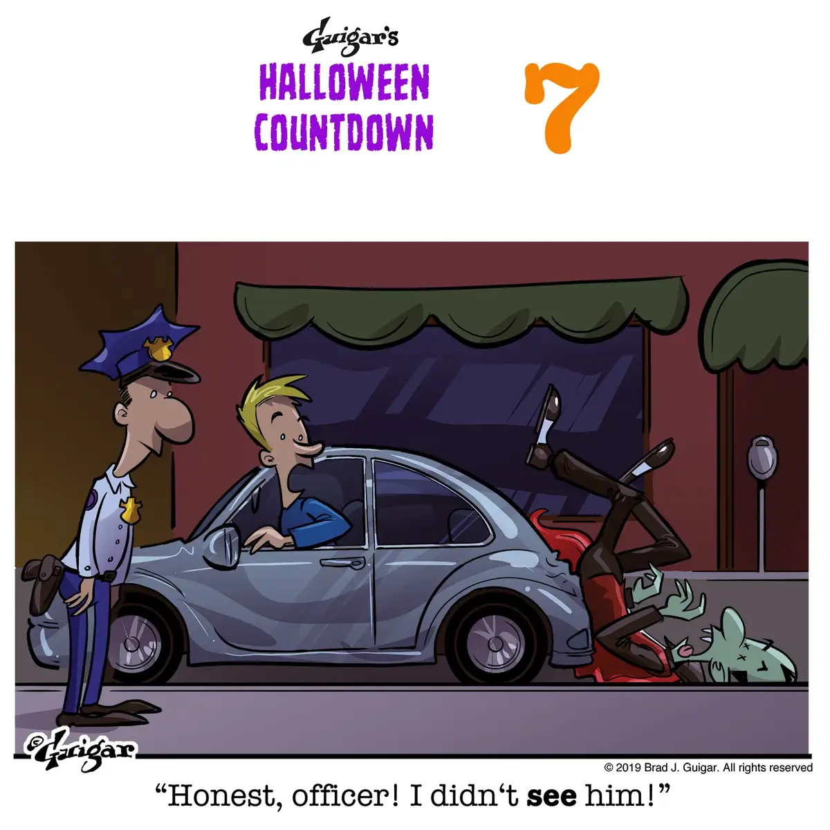 A cartoon police officer stands beside a silver car where a blonde driver is smiling and speaking. Behind the car, a zombie…