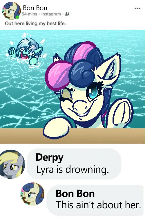 A screenshot of an Instagram post by Bon Bon, who is smiling while partially submerged in water, with another pony, Lyra…