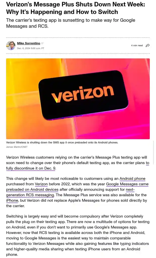 A screenshot of a CNET article about Verizon shutting down its Message Plus app, featuring a close-up photo of the Verizon…