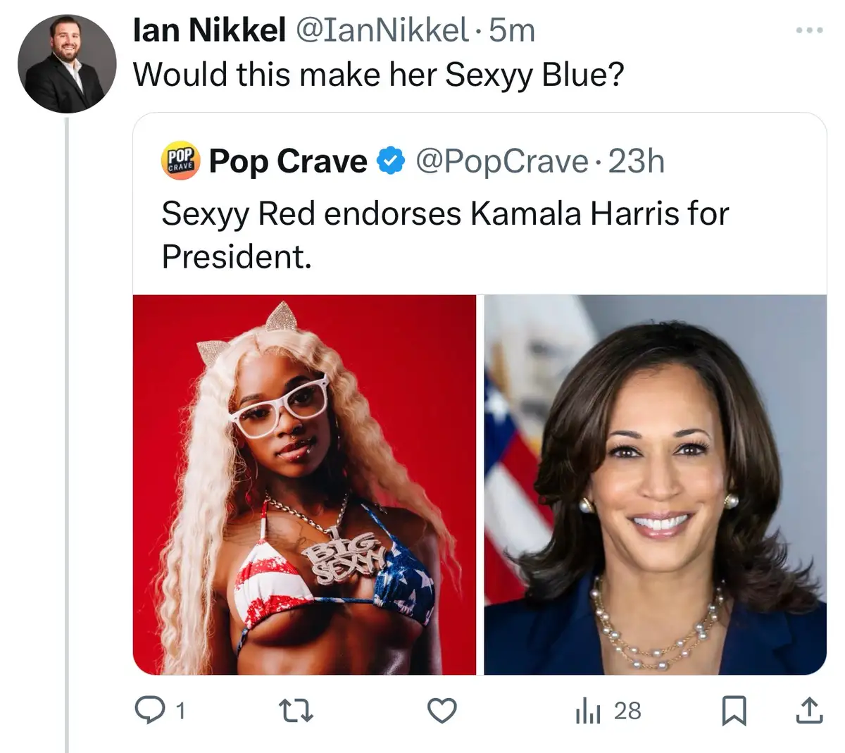 A screenshot of a Twitter thread shows a tweet from 'Pop Crave' stating 'Sexyy Red endorses Kamala Harris for President,'…