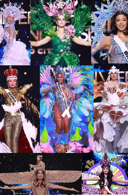 A collage of seven women in elaborate, culturally themed Miss Universe pageant costumes, each wearing a sash identifying…