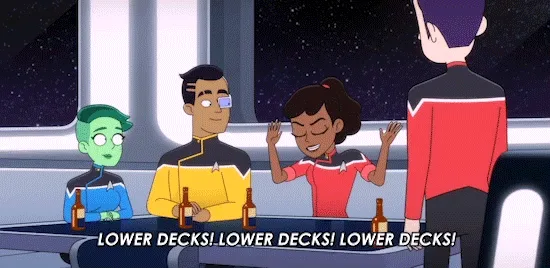 A four-panel comic strip from the animated series 'Star Trek: Lower Decks' shows three crew members in Starfleet uniforms…