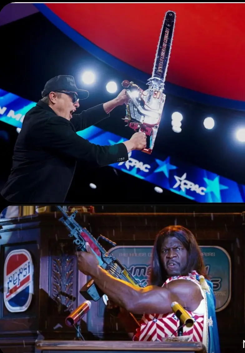 Top panel: A man in a black suit and cap, holding a chainsaw modified into a weapon, stands on a stage with 'CPAC' logos and…