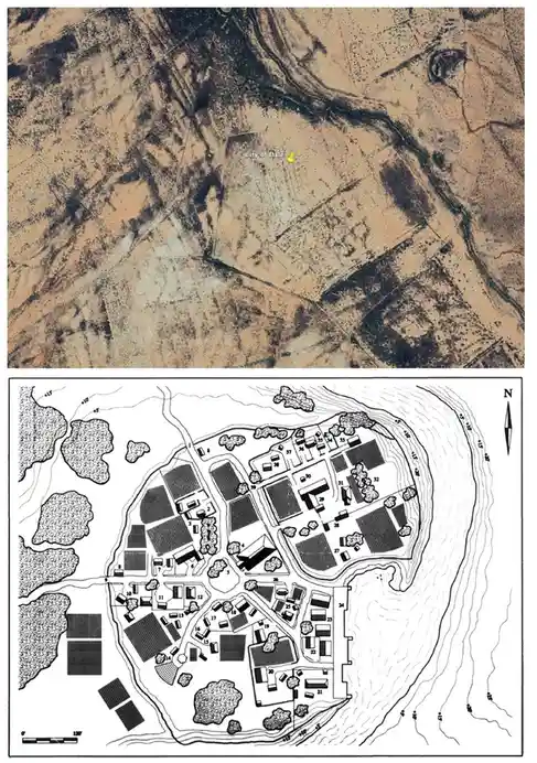 The image displays two panels: the top is a satellite view of a rural, patchwork landscape with a yellow pin labeled 'City…