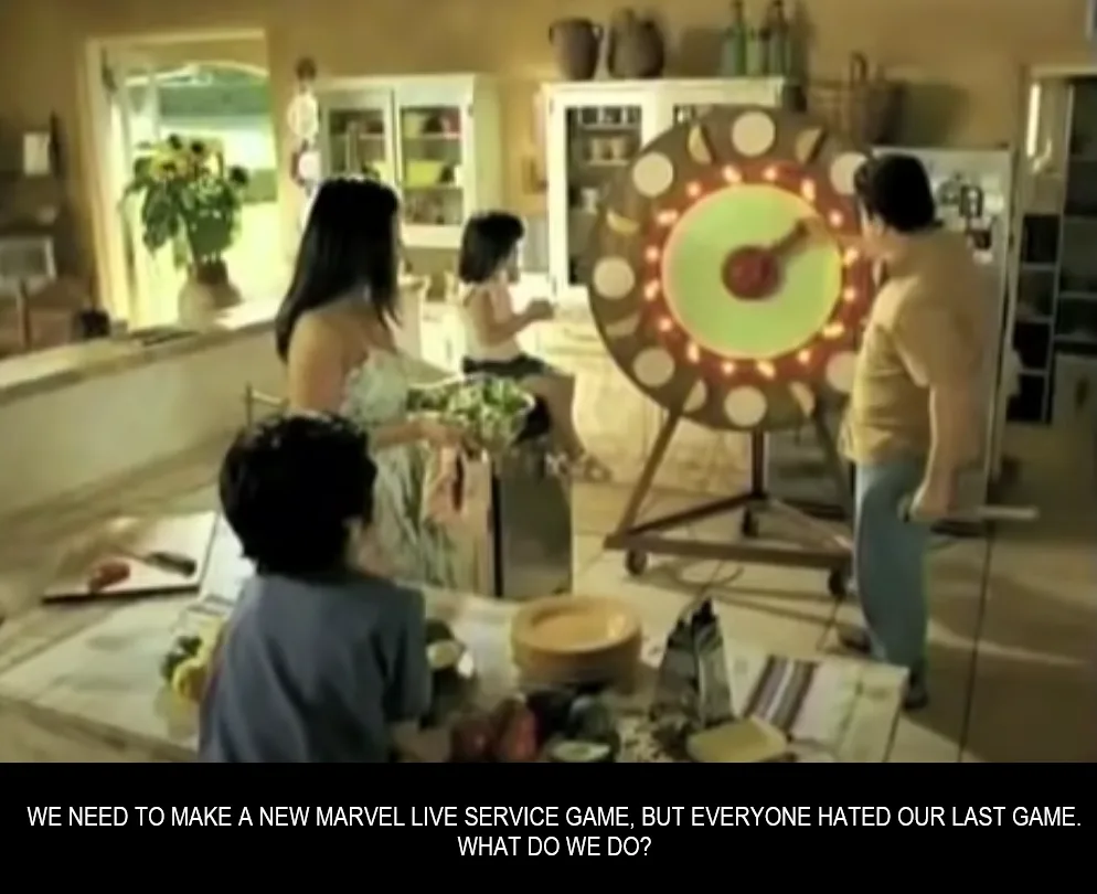 A family is gathered in a kitchen around a large, illuminated spinning wheel game, with a man turning the wheel while others…